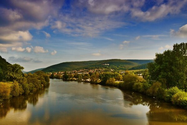 The sky with clouds and the river with banks