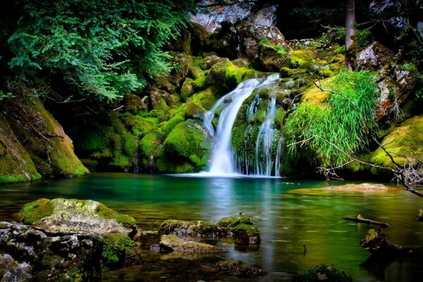 Paisaje de cuento de hadas junto a una pequeña cascada