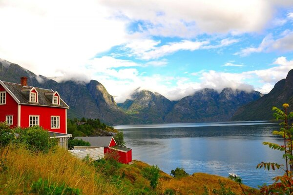 Sky Clouds Nature house Boat Lake Landscape Mountains