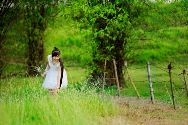 A girl in a white dress in a meadow