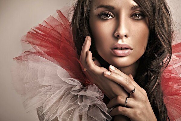 Charming beauty in a red and white frill