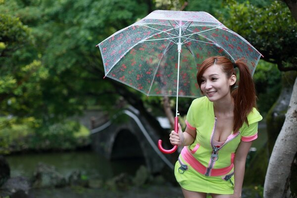 Asiatische Mädchen mit transparentem Regenschirm