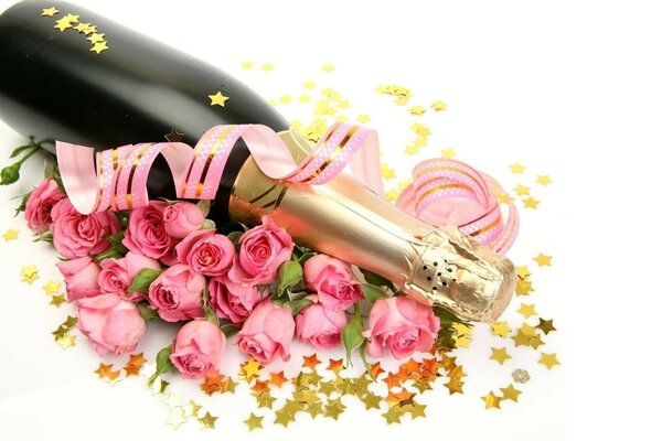 Champán y rosas decoración de mesa romántica