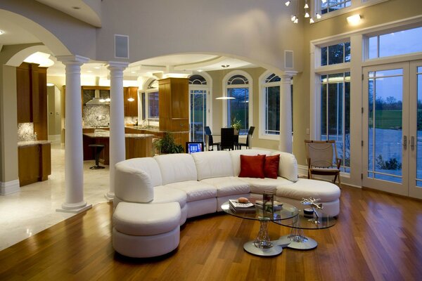 Beautiful room. the hotel. white sofa with red pillows