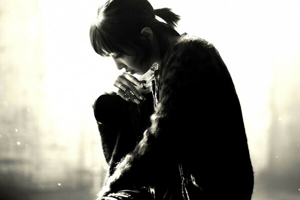 Black and white portrait of a thoughtful girl