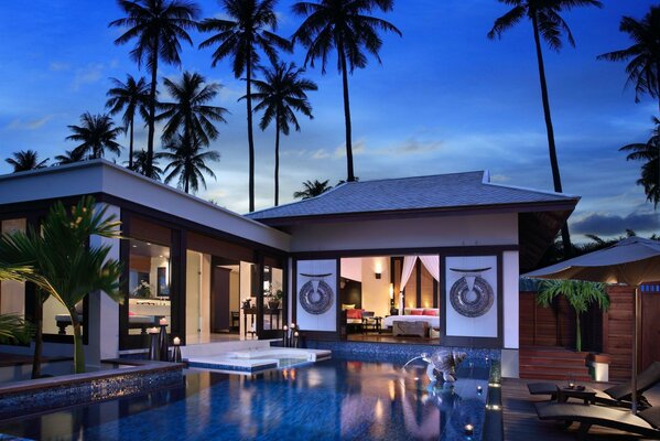 Swimming pool in the evening at the resort in the hotel