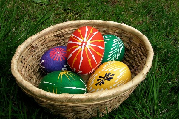 Basket with bright Easter eggs