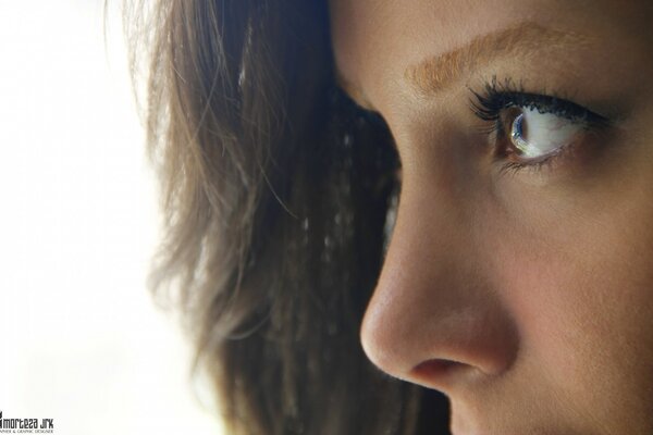 Fille aux yeux bruns dans le profil en regardant au loin