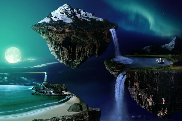 Landscape of soaring waterfalls in the night