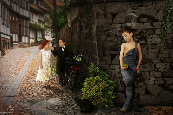 Le gars donne à la jeune fille une rose rouge