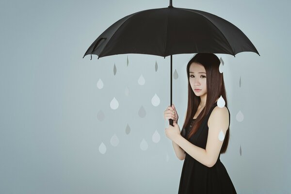 Sad girl with a black umbrella in the rain