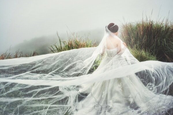 Chica de atrás en un vestido de novia en la naturaleza