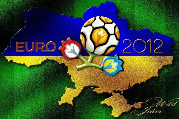 Euro 2012 with an emblem and a map with the color of the Ukrainian flag