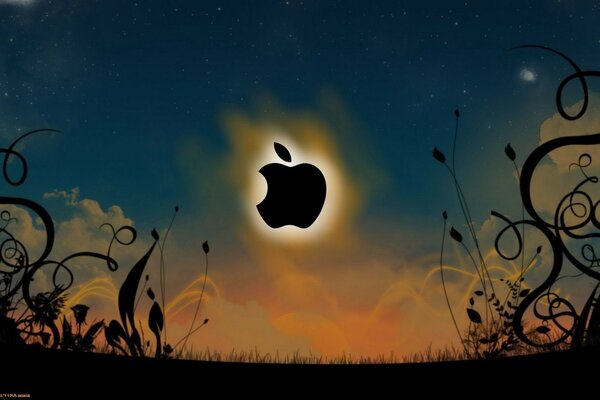 Apple logo with a glowing edge against a dark blue sky and patterns