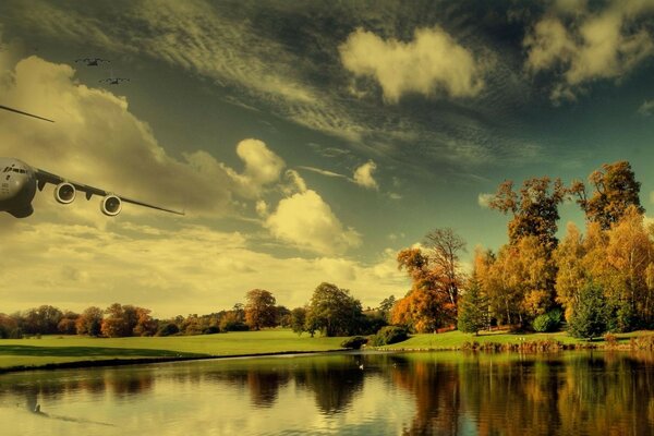 Cargo plane descending over a fabulous lake