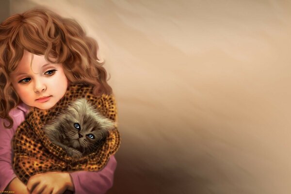 Curly-haired girl with a cute kitten