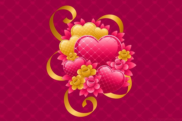 Pink and golden hearts with flowers on a pink background