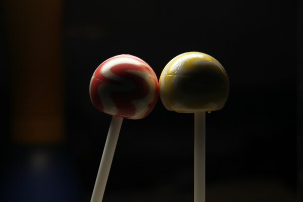 Children s candy on a stick of yellow and red color