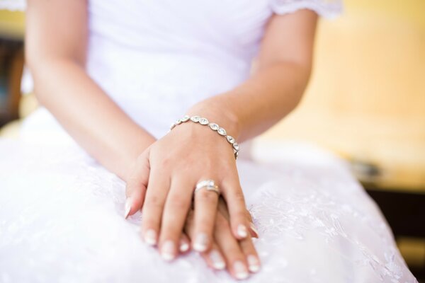 A girl is sitting in a wedding dress