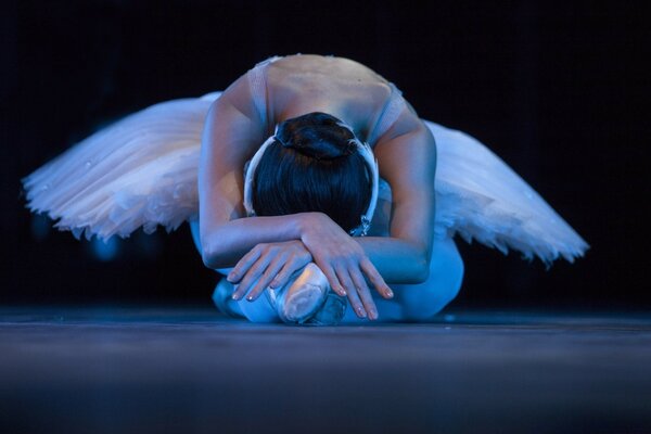 Woman in ballet on stage swan pose