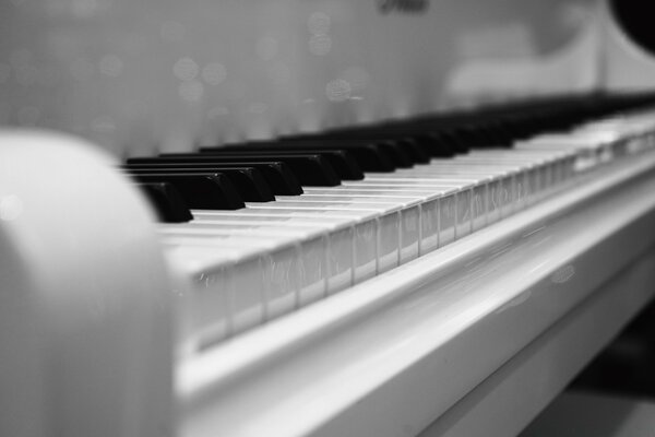 Fotografia macro di un pianoforte in bianco e nero