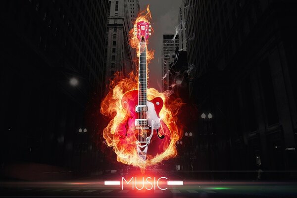 Guitar in flames on the background of skyscrapers