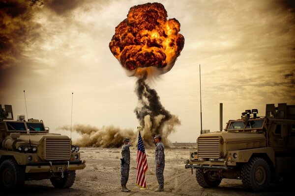 Two military men near the American flag on the background of a tornado