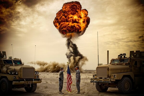 Due militari vicino alla bandiera americana sullo sfondo di una frusta