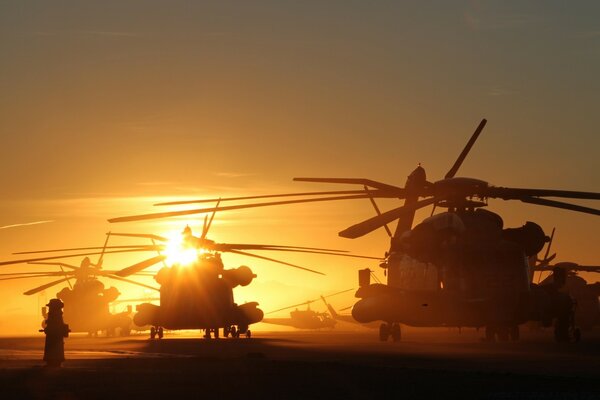 Eine Gruppe von Militärhubschraubern auf dem Startfeld vor dem Hintergrund der Sonnenuntergang