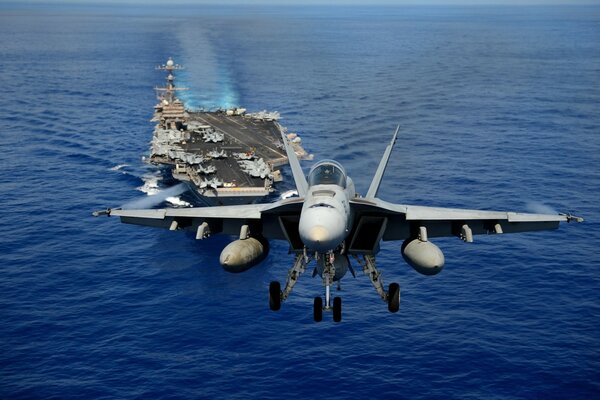 The plane takes off from an aircraft carrier