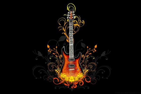 Guitarra naranja con patrones sobre fondo negro