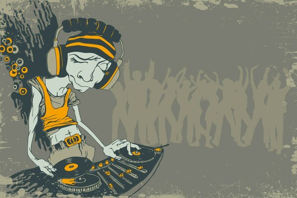 Dessin un DJ boueux change de disque