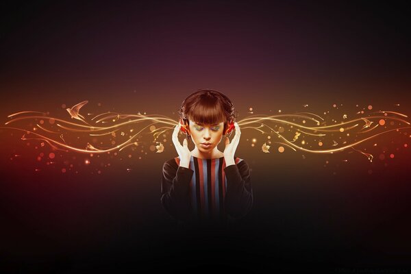 A girl in red headphones. Graphic design. Music