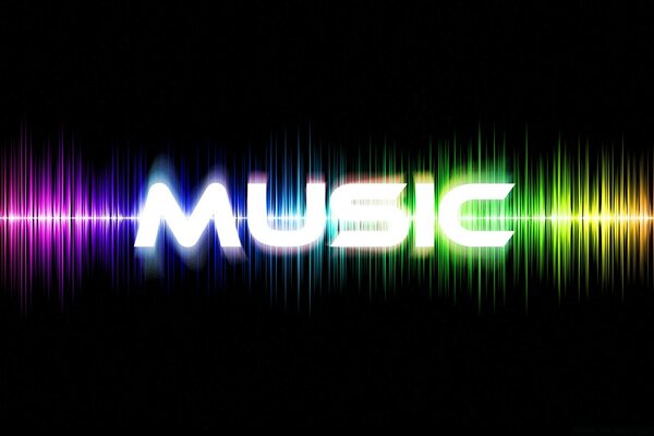 The word music in English on a black background with a multicolored waveform