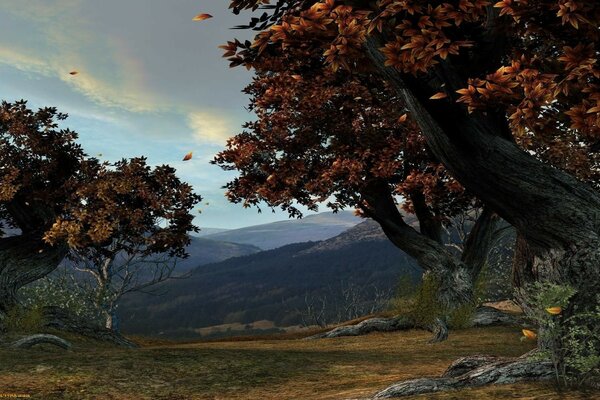 Осенний пейзаж с фоном гор