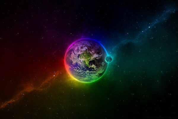 The earth with the moon in a multicolored halo