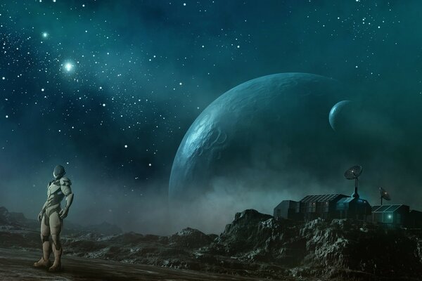 يقف رائد الفضاء على خلفية الكواكب والسماء المرصعة بالنجوم