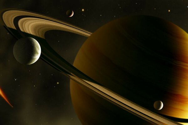 Cosmic image of Saturn surrounded by satellites