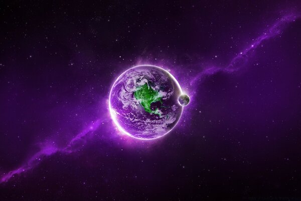 The purple planet and the satellite are glowing