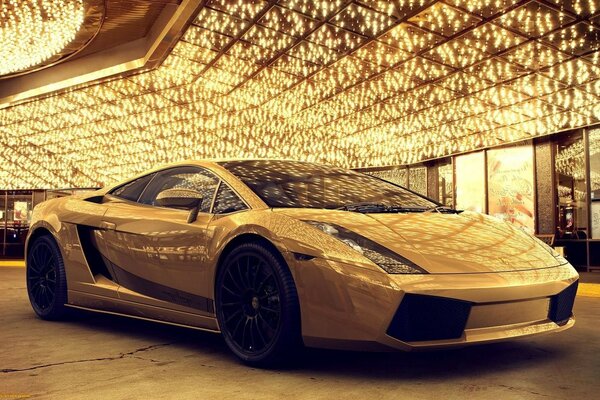 Sports car in the reflections of golden light