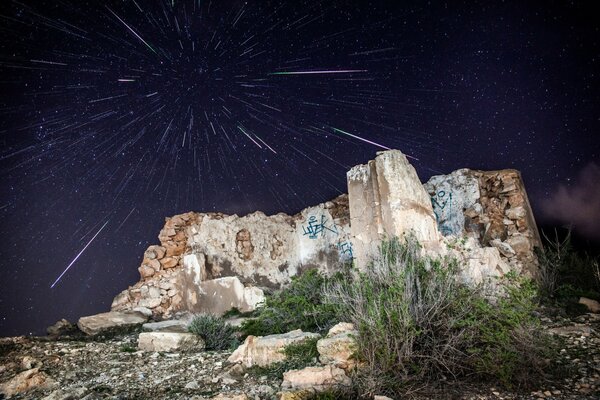 Shooting stars on a mountain background