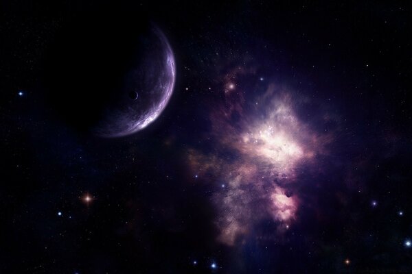 A black and violet galaxy with planets and radiance