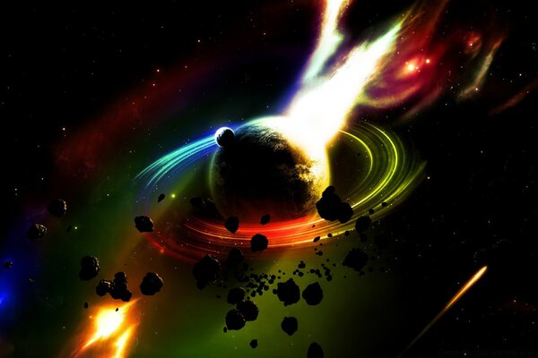 A planet in flames among asteroids