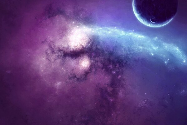 La luz apenas visible y el planeta en la galaxia en púrpura
