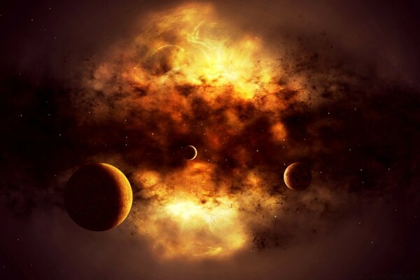 Three planets on a fiery background