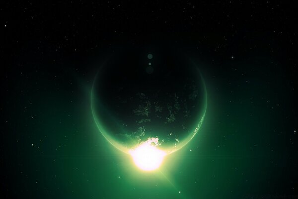 A planet in the galaxy under a shining green formation