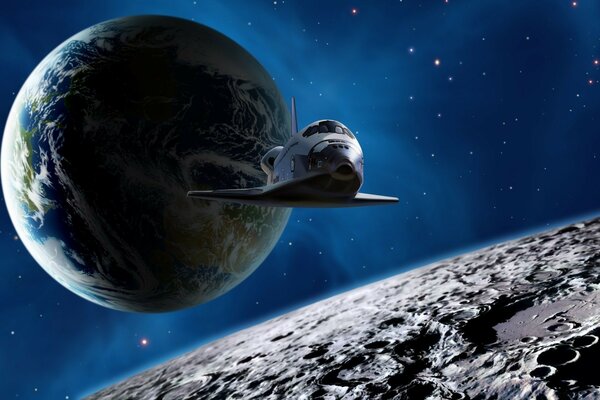 A spaceship in space against the background of a planet