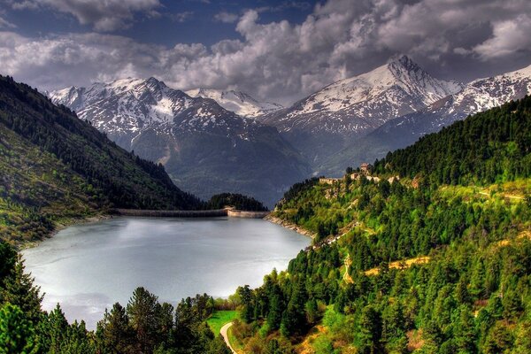 Lac de montagne bleu. Forêt