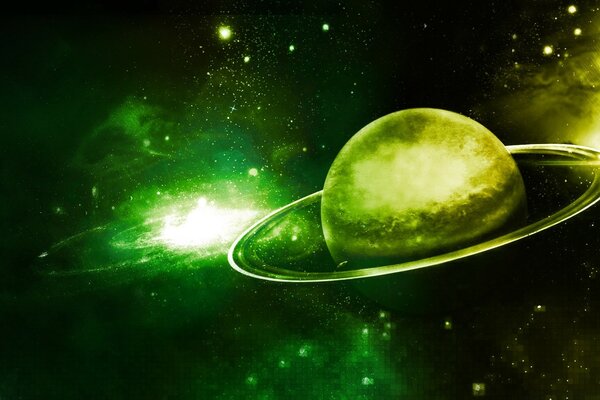 Planète Saturne en vert