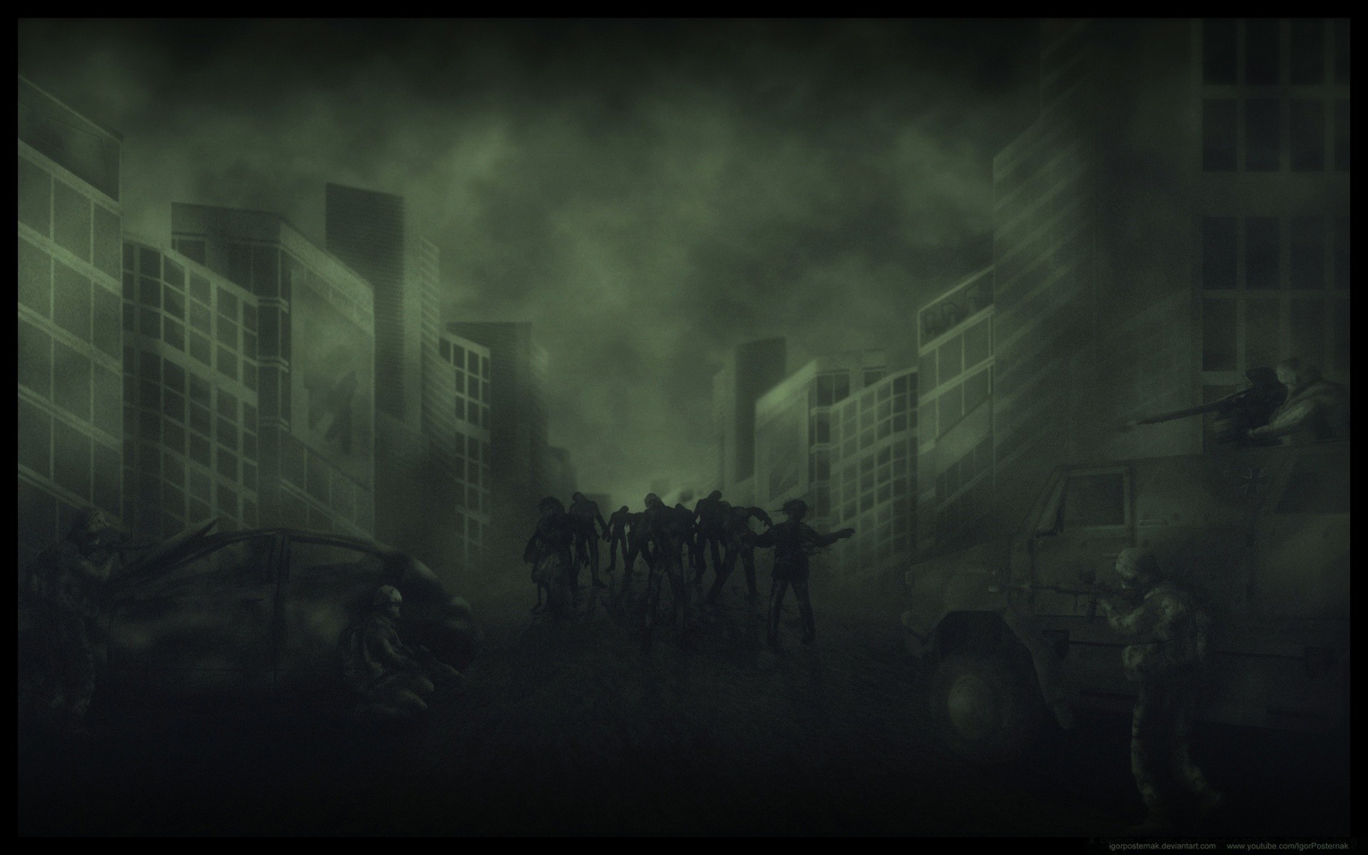 weapons and army city smoke fog silhouette street urban light art dark reflection